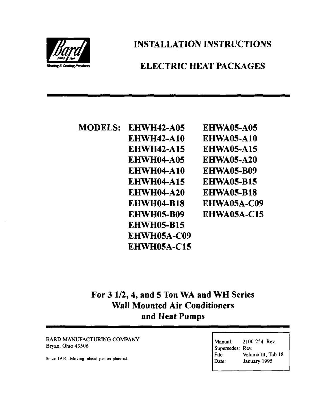 Bard EHWHA05-B15, EHWHA05-A10, EHWHA05-A15, EHWHA05-B09, EHWHA05-B18, EHWHA05A-C09, EHWHA05A-C15, EHWHA05-A05, EHWH42-A15 manual 