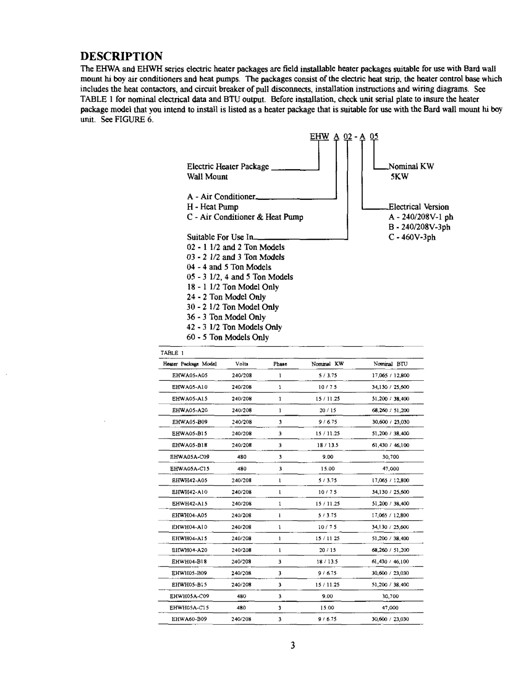 Bard EHWHA05-B09, EHWHA05-A10, EHWHA05-B15, EHWHA05-A15, EHWHA05-B18, EHWHA05A-C09, EHWHA05A-C15, EHWHA05-A05, EHWH42-A15 manual 