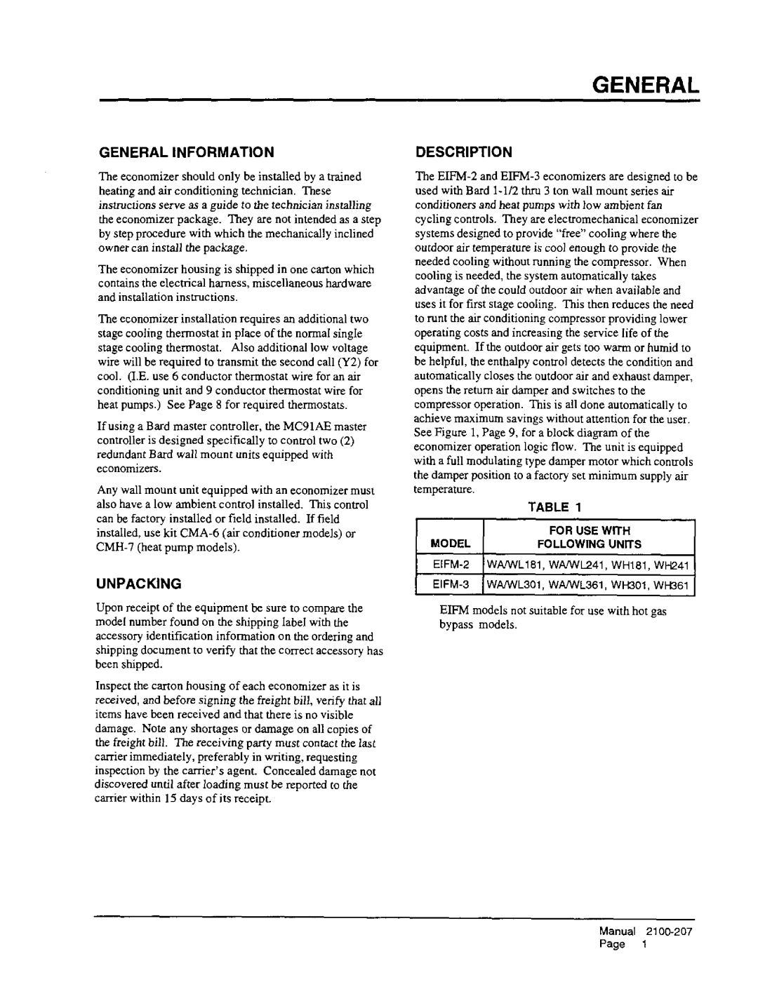 Bard EIFM-3, EIFM-2 manual 