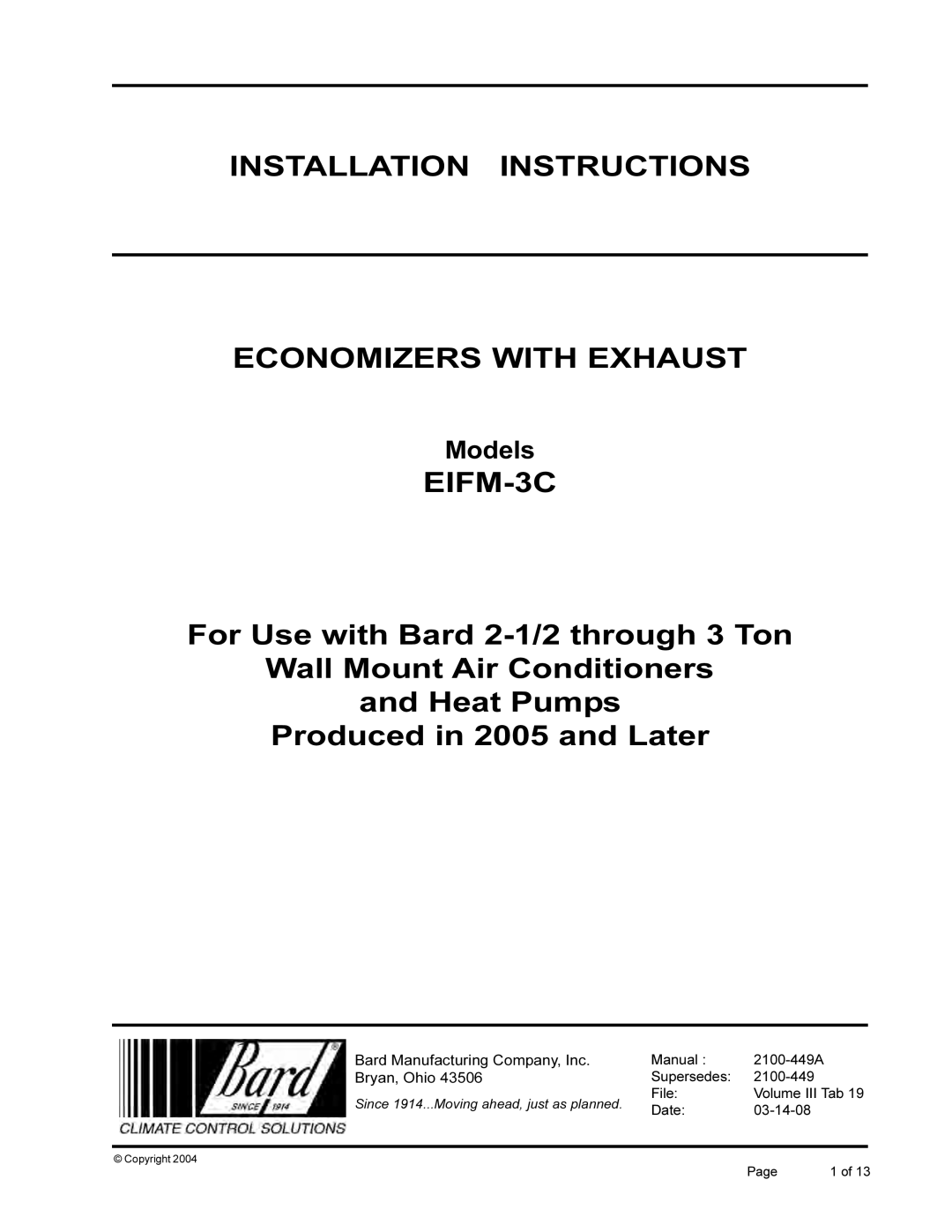 Bard EIFM-3C installation instructions Installation Instructions Economizers with Exhaust 