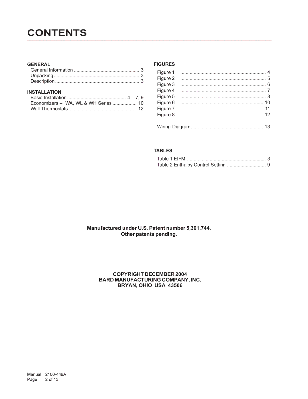 Bard EIFM-3C installation instructions Contents 