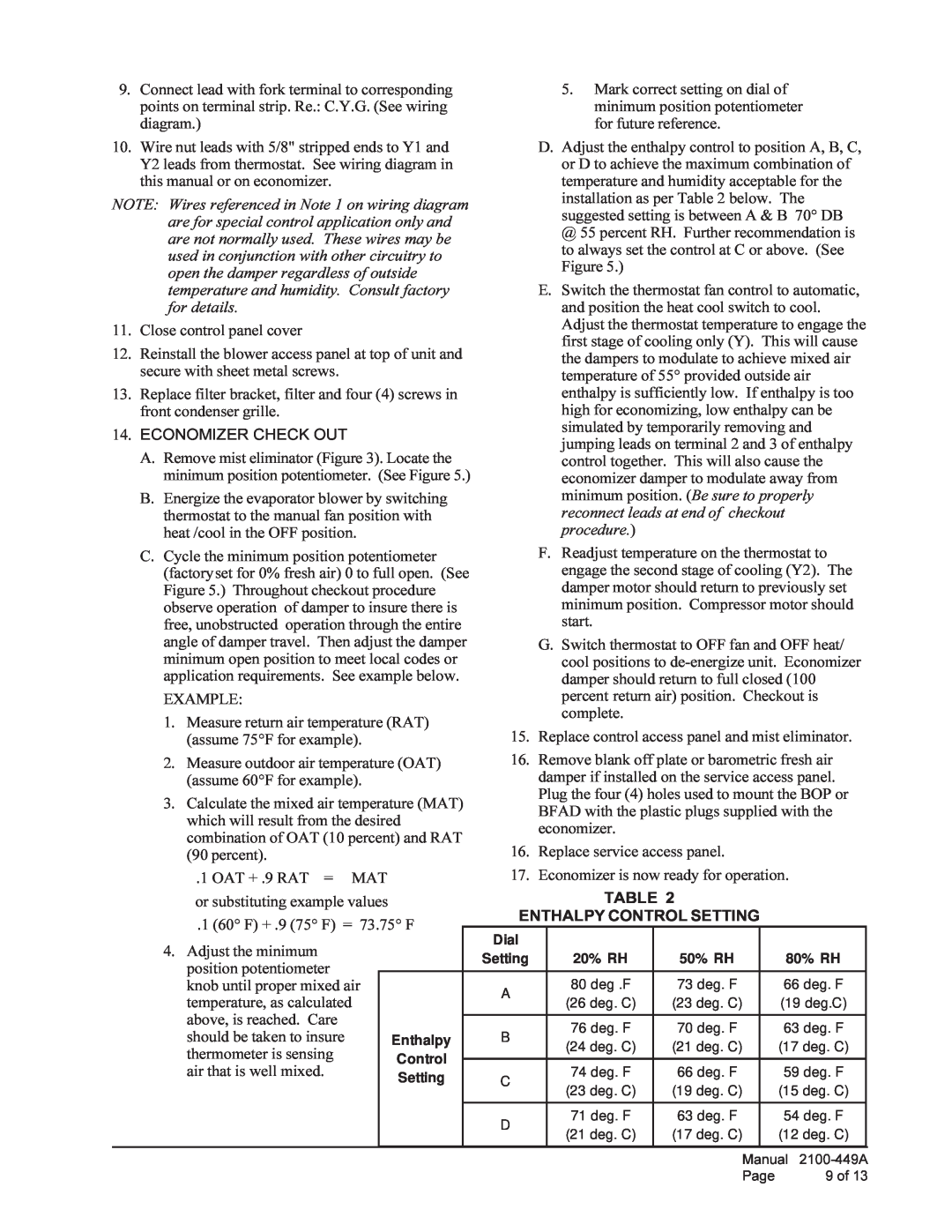 Bard EIFM-3C installation instructions Economizer Check Out, Enthalpy Control Setting 