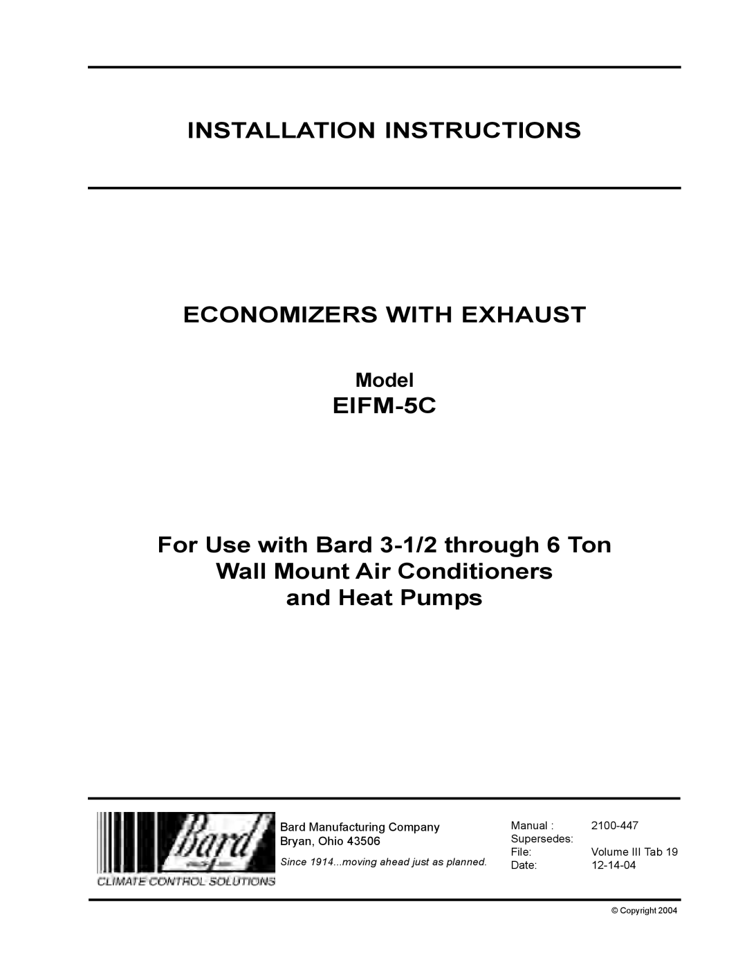 Bard EIFM-5C installation instructions Installation Instructions Economizers with Exhaust 