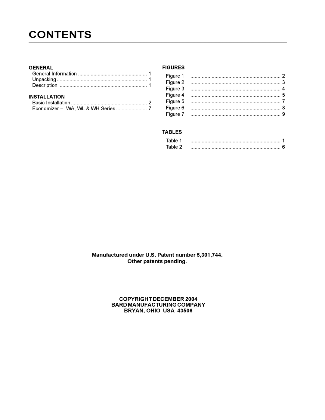 Bard EIFM-5C installation instructions Contents 