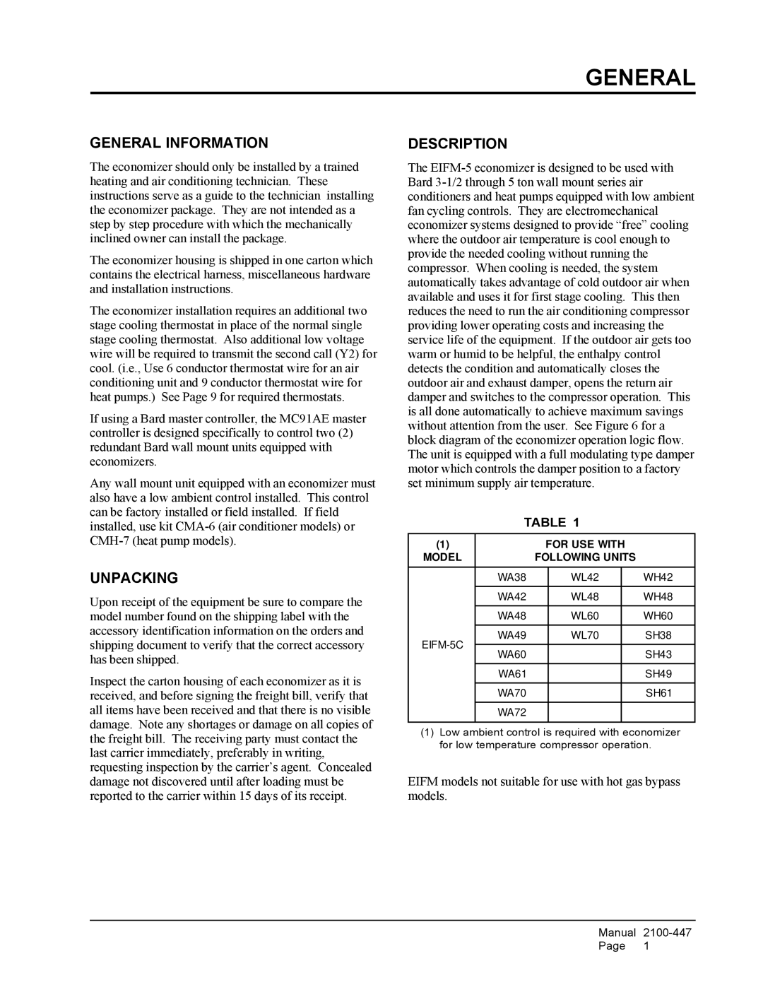 Bard EIFM-5C installation instructions General Information, Unpacking, Description 