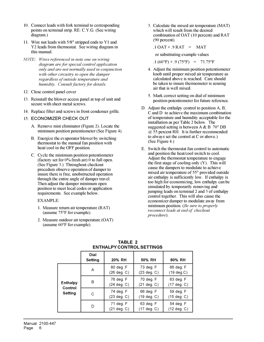 Bard EIFM-5C installation instructions Enthalpy Control Settings 