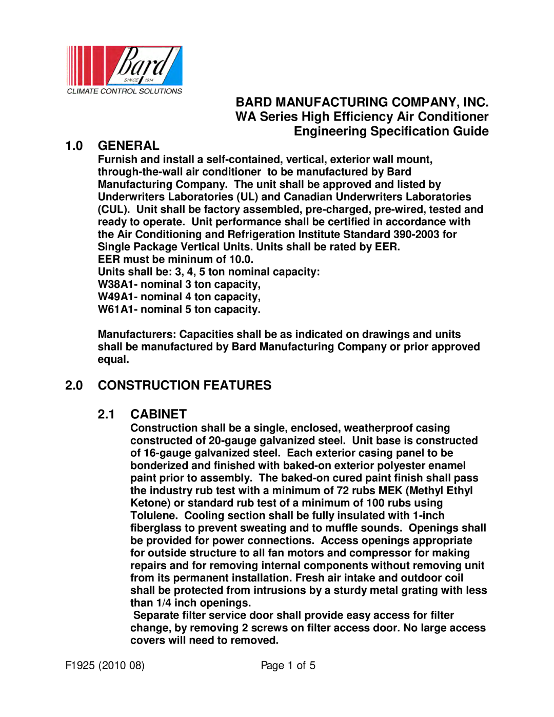 Bard F1925 manual Bard Manufacturing COMPANY, INC, General, Construction Features Cabinet 