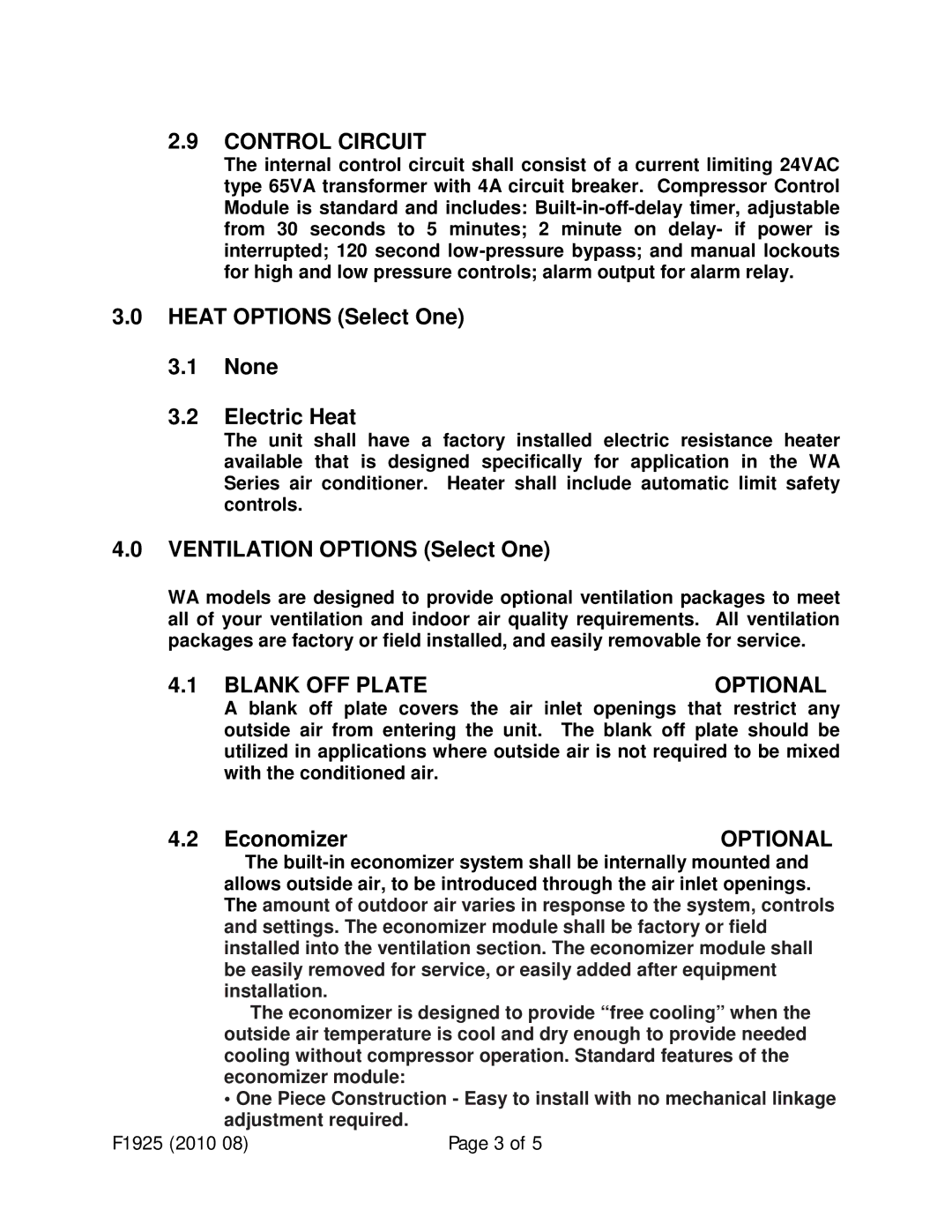 Bard F1925 Control Circuit, Heat Options Select One None Electric Heat, Ventilation Options Select One, Blank OFF Plate 