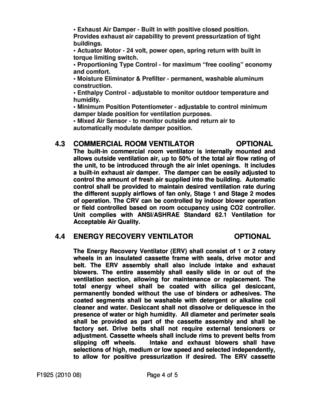 Bard F1925 manual Commercial Room Ventilator, Energy Recovery Ventilator, Page 4 of, Optional 