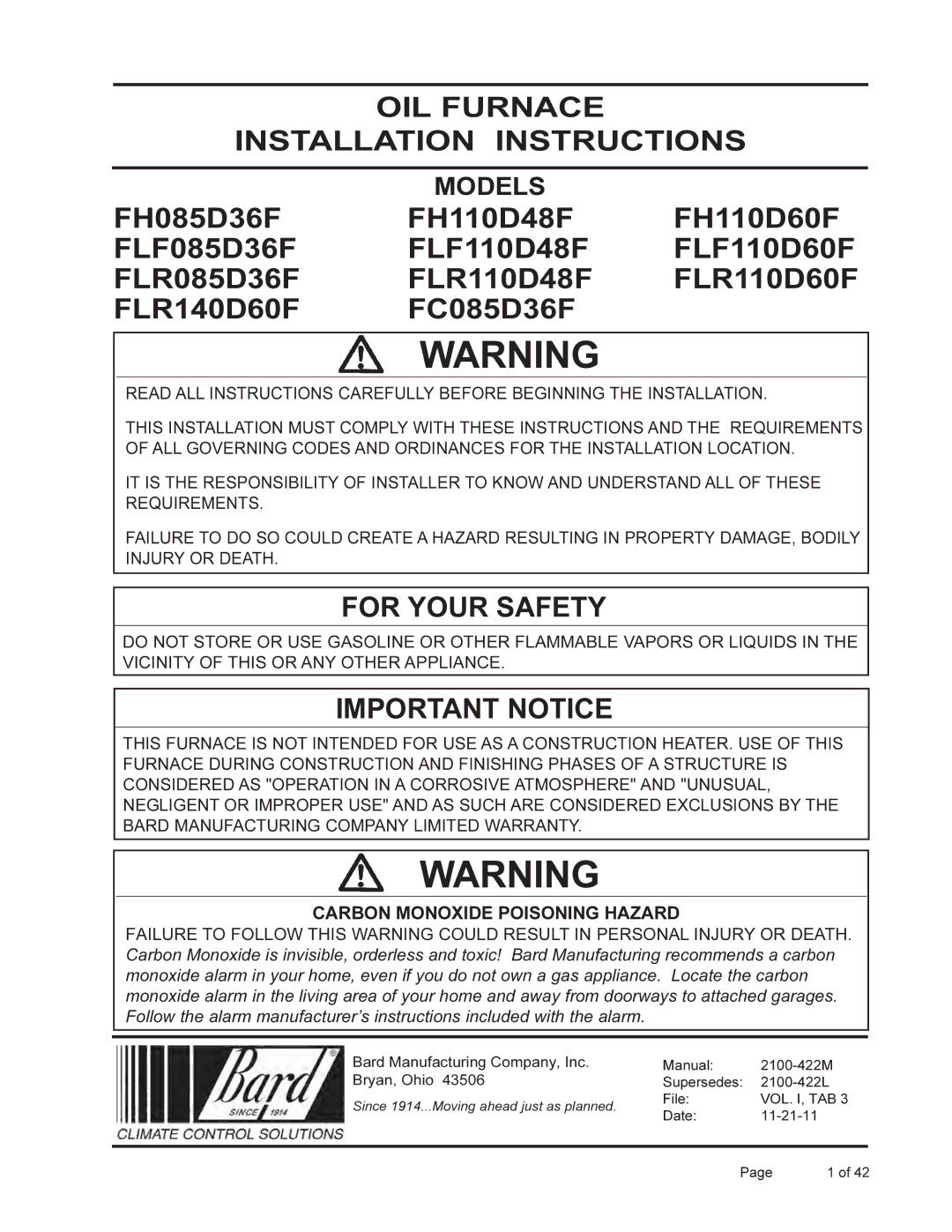 Bard FLR110D48F, FLR140D60F, FLR085D36F, FH110D60F, FLF085D36F, FLF110D48F warranty OIL Furnace Installation Instructions 