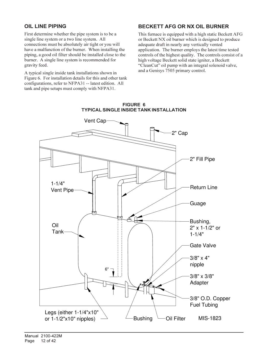Bard FLR110D48F, FLR140D60F warranty OIL Line Piping, Beckett AFG or NX OIL Burner, Typical Single Inside Tank Installation 