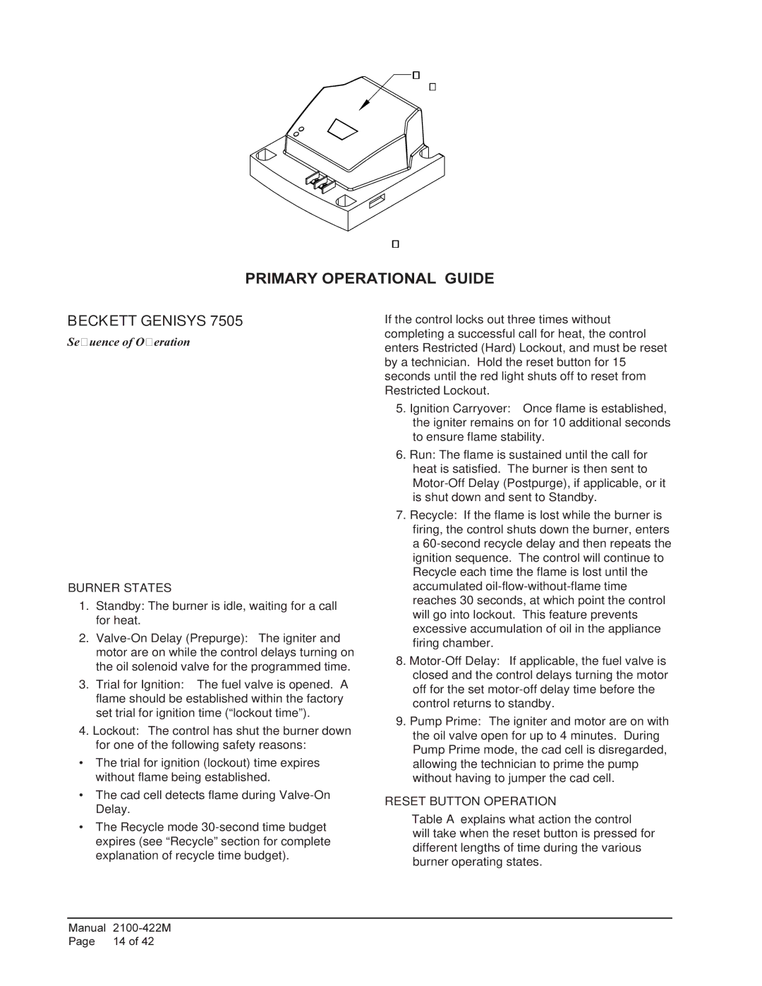 Bard FH110D60F, FLR140D60F, FLR110D48F, FLR085D36F, FLF085D36F warranty Beckett Genisys, Burner States, Reset Button Operation 