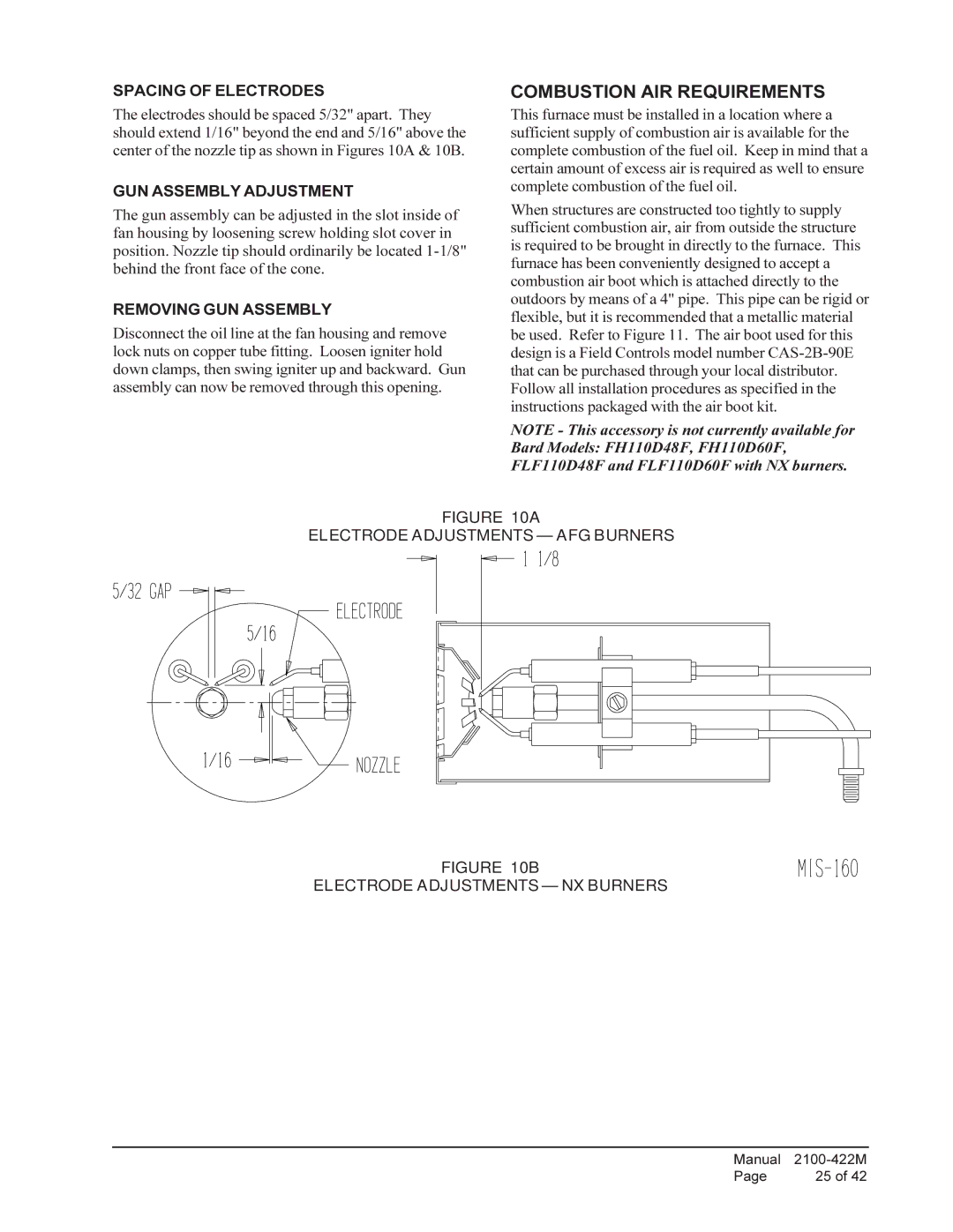 Bard FH110D60F warranty Combustion AIR Requirements, Spacing of Electrodes, GUN Assembly Adjustment, Removing GUN Assembly 