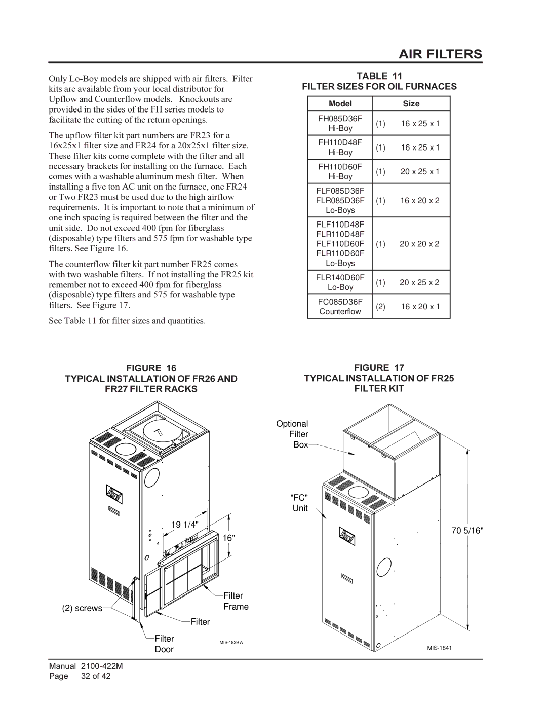 Bard FH085D36F, FLR140D60F, FLR110D48F, FLR085D36F, FH110D60F, FLF085D36F AIR Filters, Typical Installation of FR25 Filter KIT 