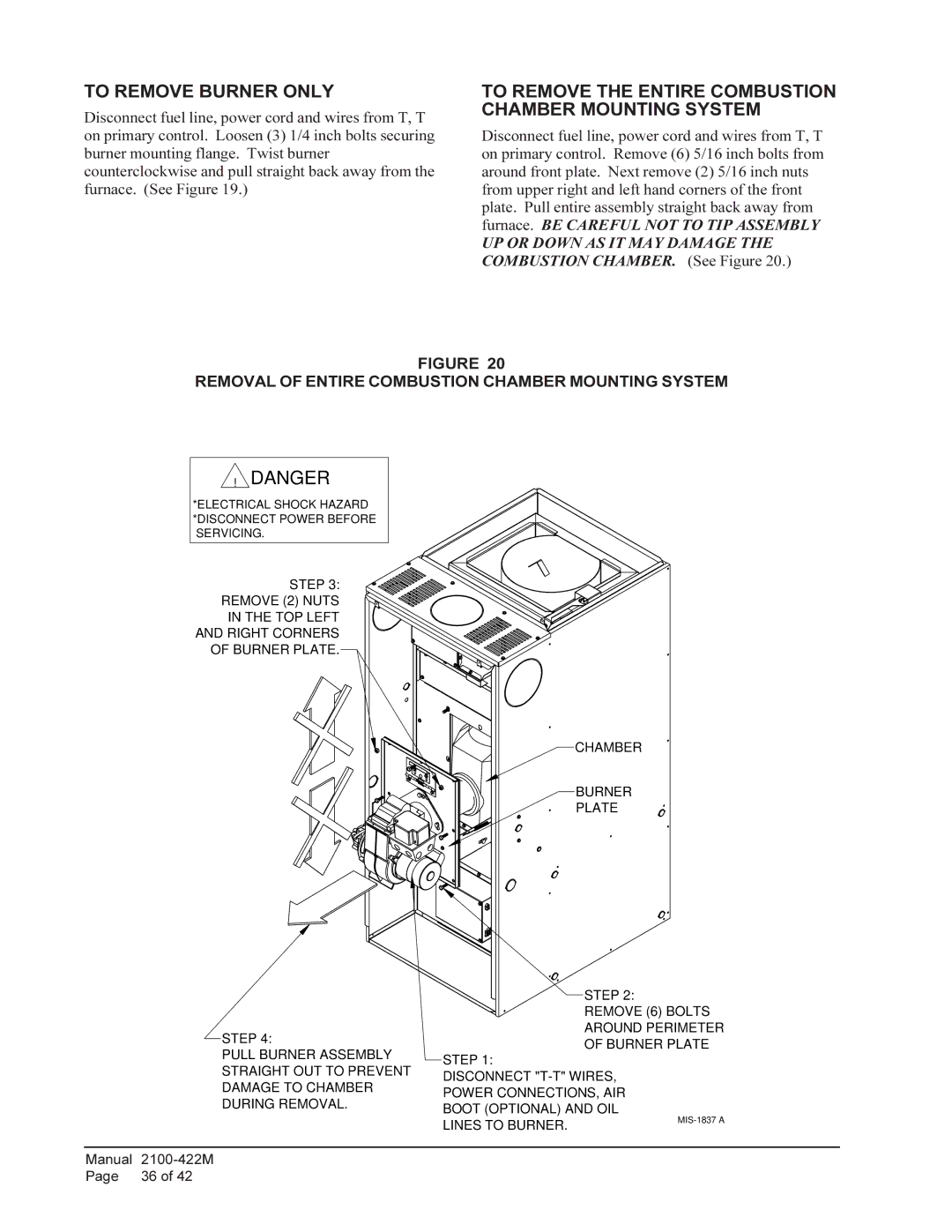 Bard FH110D60F, FLR140D60F, FLR110D48F To Remove Burner only, To Remove the Entire Combustion Chamber Mounting System 