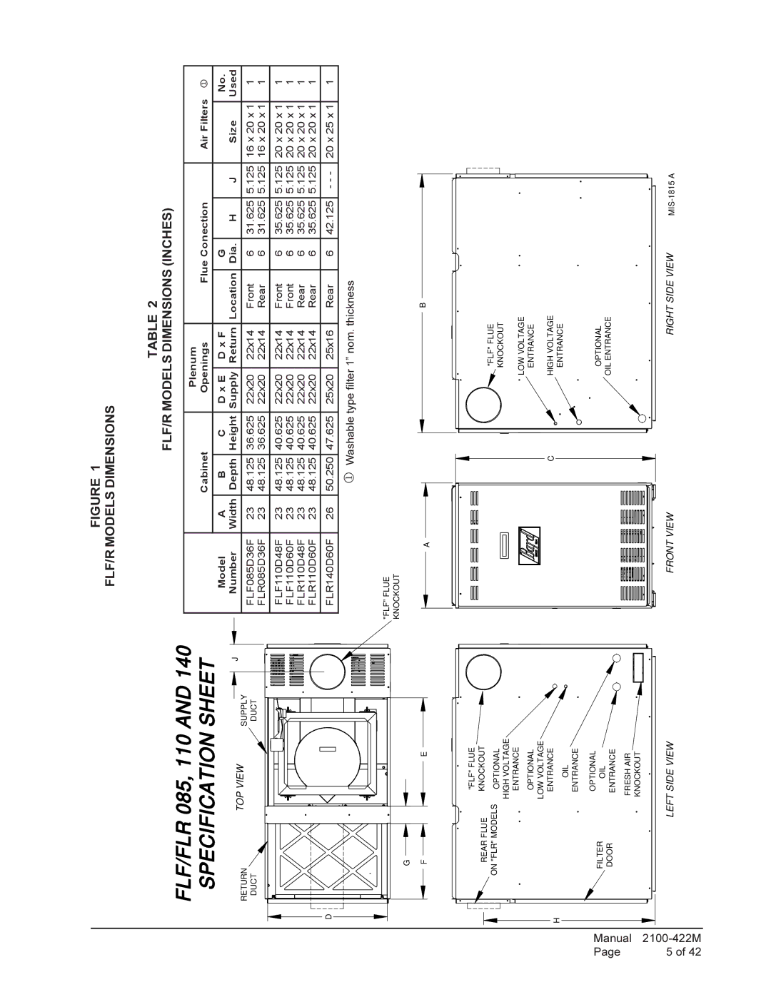 Bard FLF110D48F, FLR140D60F, FLR110D48F, FLR085D36F, FH110D60F, FLF085D36F warranty FLF/FLR 085, 110 and 140 Specification Sheet 