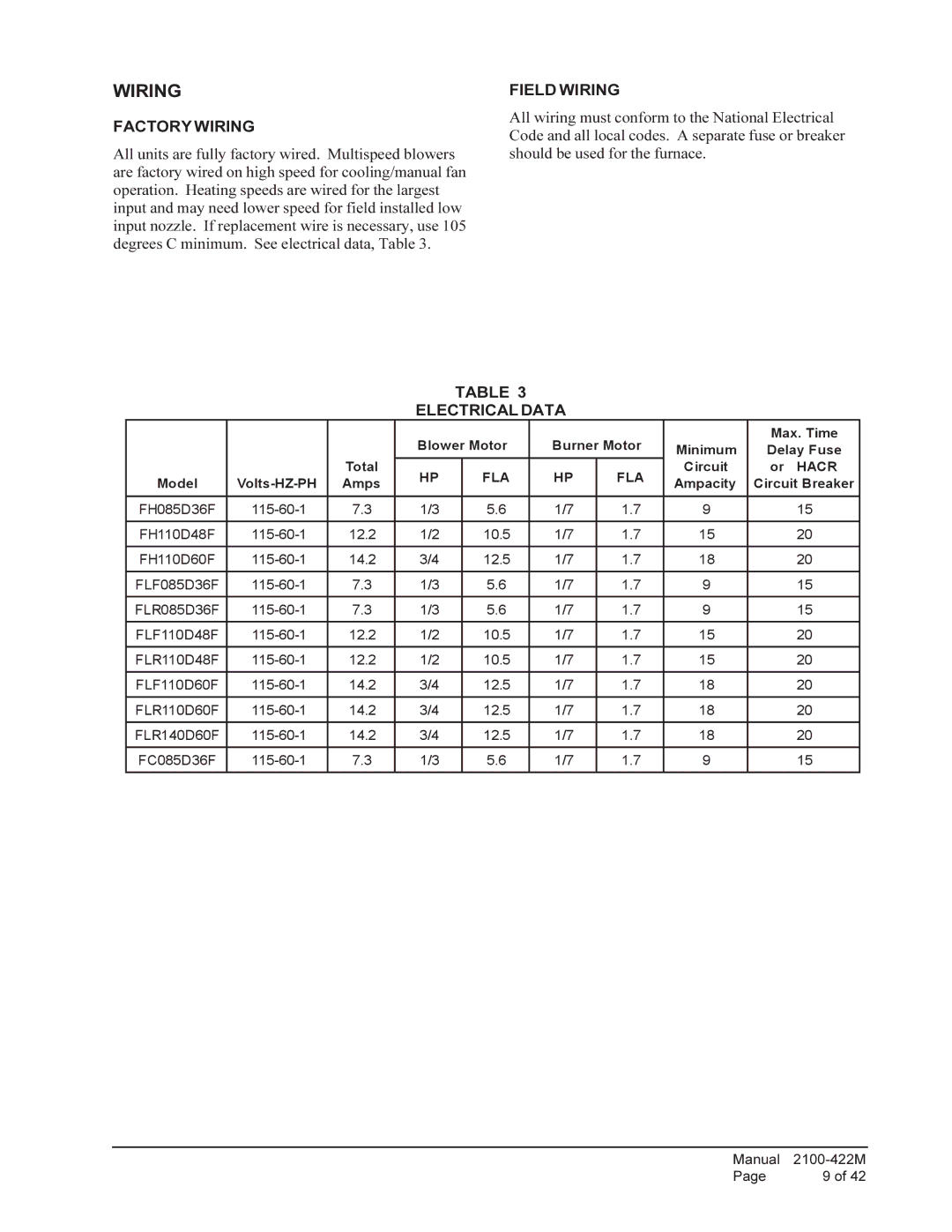 Bard FC085D36F, FLR140D60F, FLR110D48F, FLR085D36F, FH110D60F, FLF085D36F Factory Wiring, Field Wiring, Electrical Data 