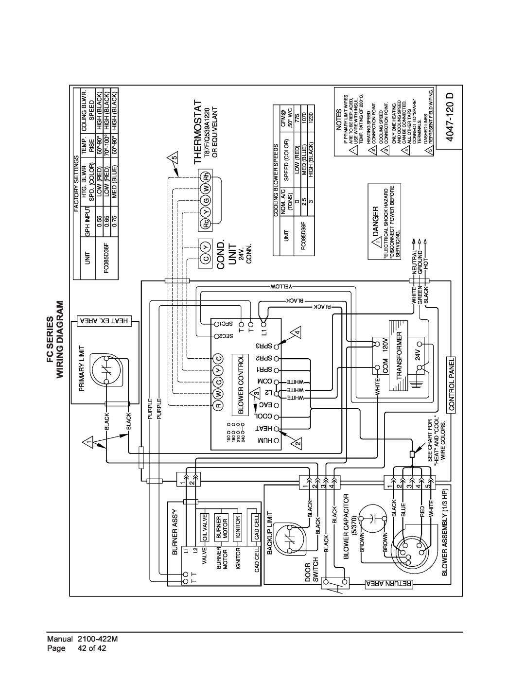 Bard FC085D36F, FLR140D60F, FLR110D48F, FLR085D36F, FH110D60F Unit, 4047-120D, Thermostat, Cond, Fc Series, Wiring Diagram 