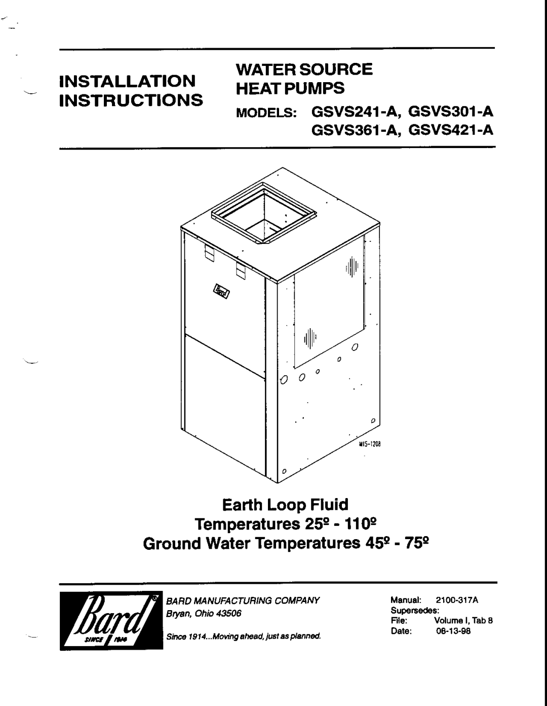 Bard GSVS361-A, GSVS421-A, GSVS241-A, GSVS301-A manual 