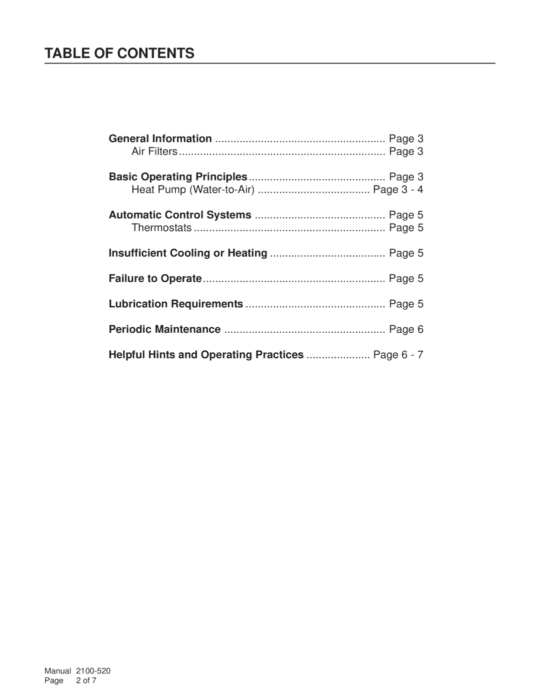 Bard GVDM-26 manual Table of Contents 