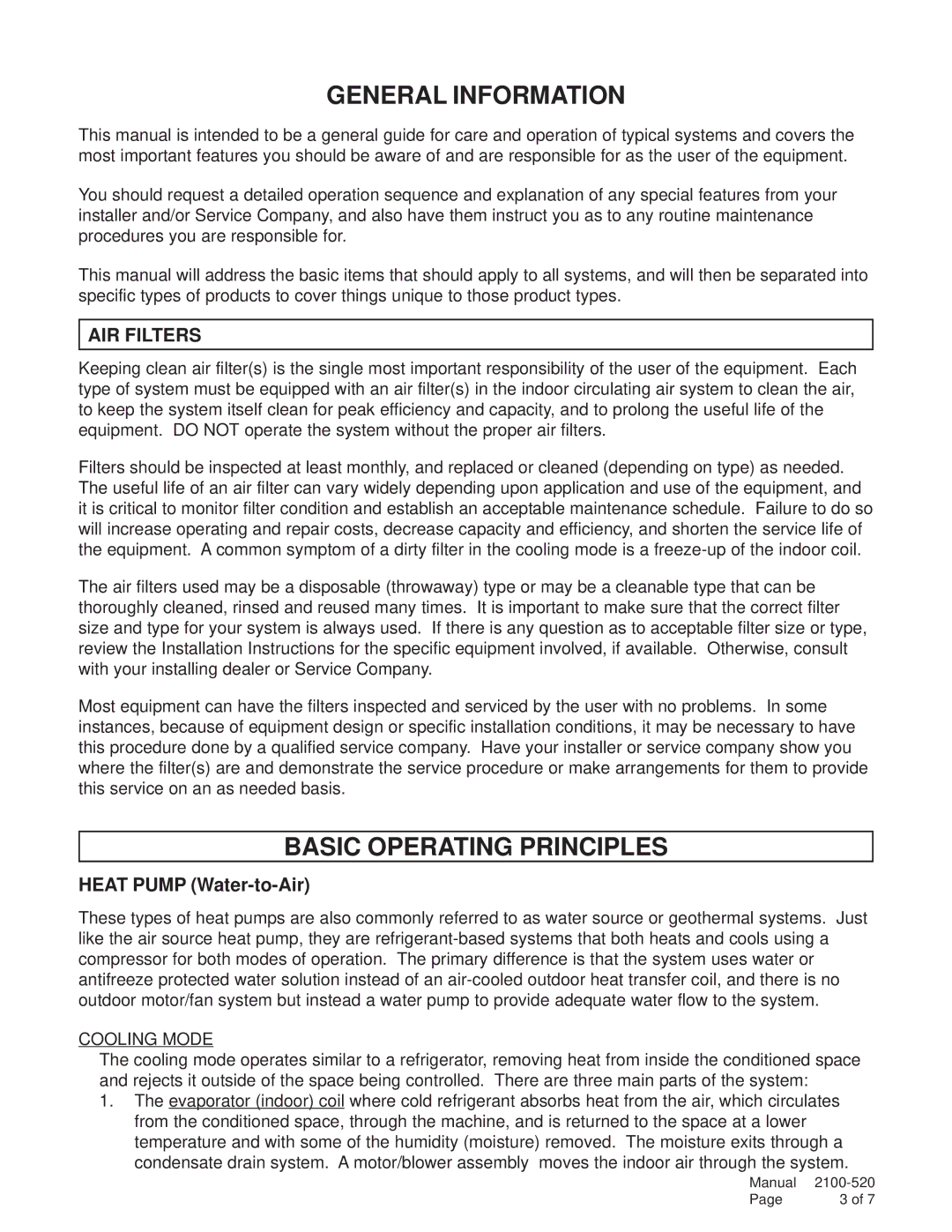 Bard GVDM-26 manual General Information, Basic Operating Principles, AIR Filters, Cooling Mode 