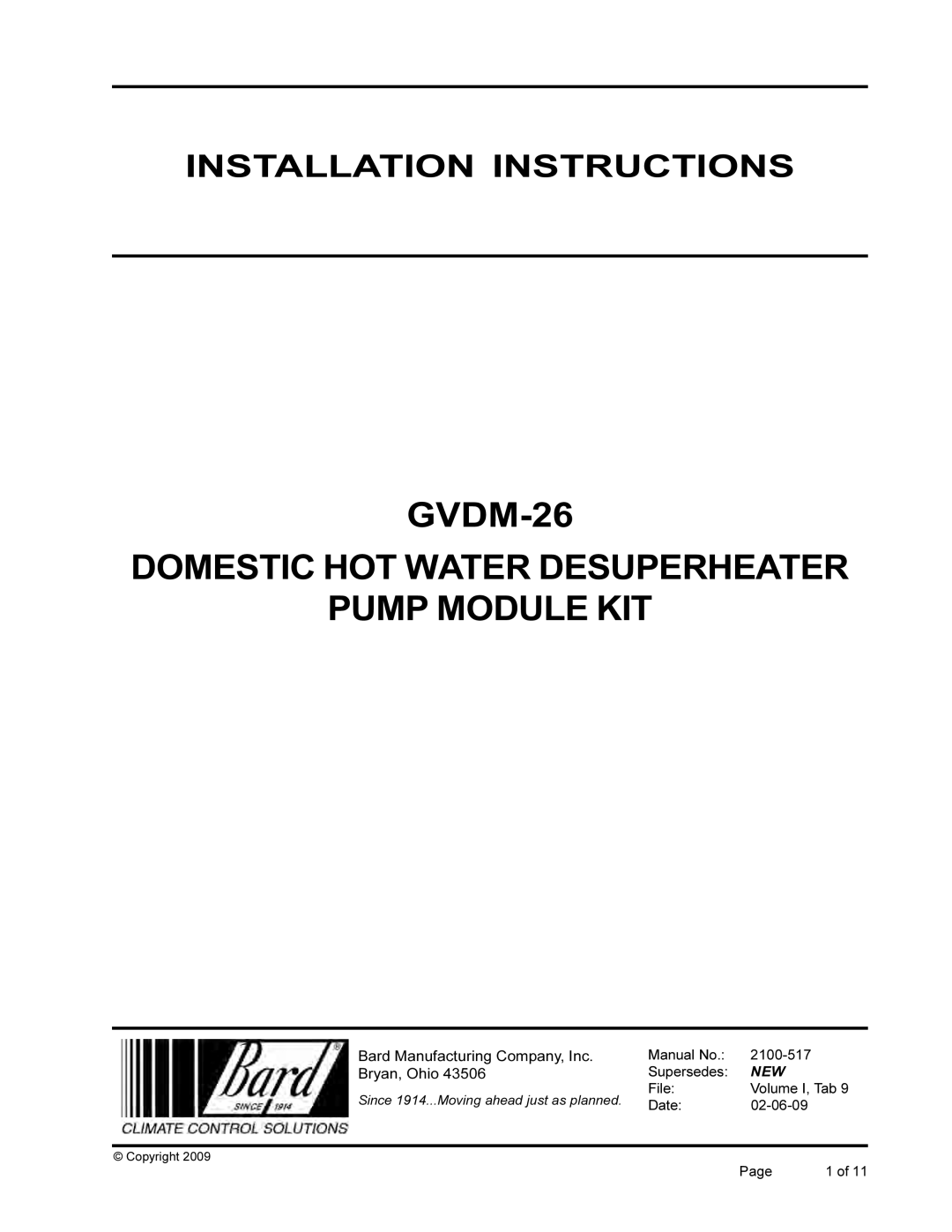 Bard installation instructions GVDM-26 Domestic HOT Water Desuperheater Pump Module KIT 