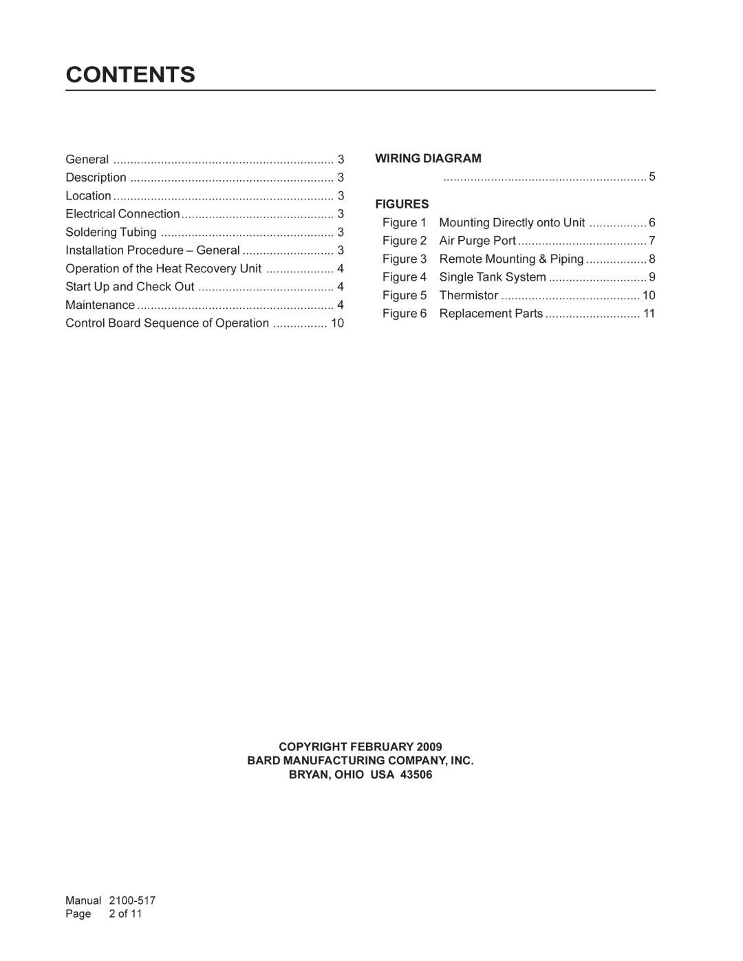 Bard GVDM-26 installation instructions Contents 