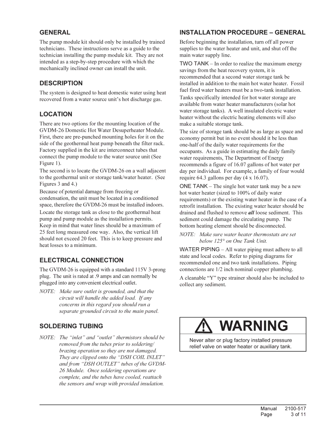 Bard GVDM-26 Description, Location, Electrical Connection, Soldering Tubing Installation Procedure General 