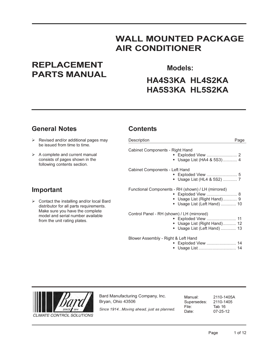 Bard HA5S3KA, HA4S3KA, HL5S2KA, HL4S2KA manual Wall Mounted Package AIR Conditioner 