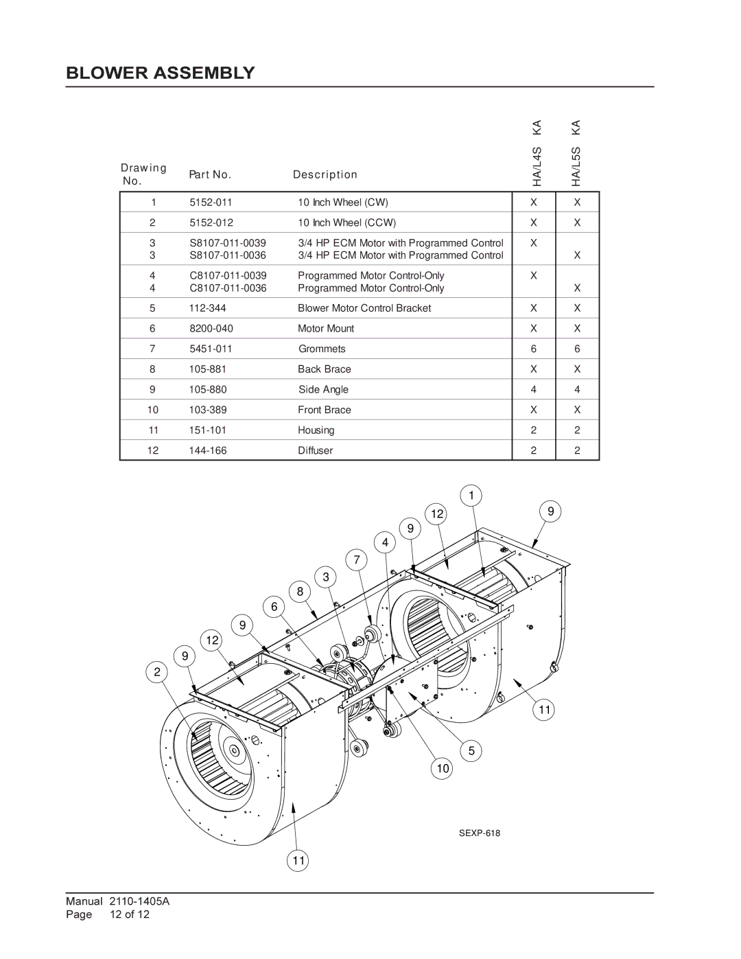 Bard HA4S3KA, HA5S3KA, HL5S2KA, HL4S2KA manual Blower Assembly, HA/L4S HA/L5S 