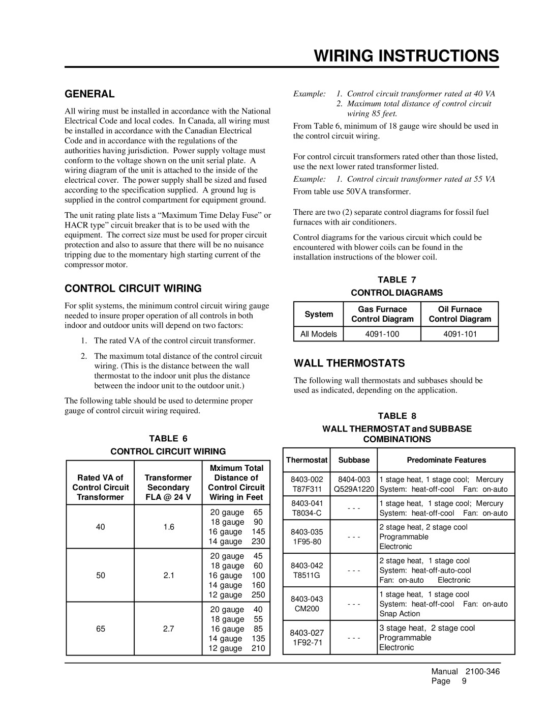 Bard HAC481-BD040, HAC421-AD040, HAC601-AD040 Control Circuit Wiring, Wall Thermostats, Control Diagrams, Combinations 