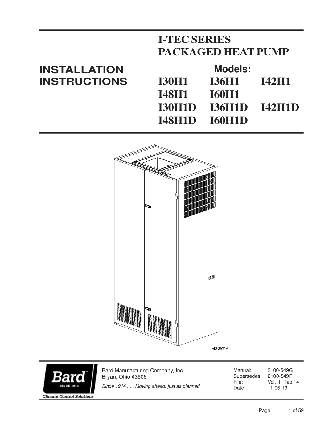 Bard I42H1D, I36H1D, I60H1D, I48H1D, I30H1D installation instructions TEC Series Packaged Heat Pump 