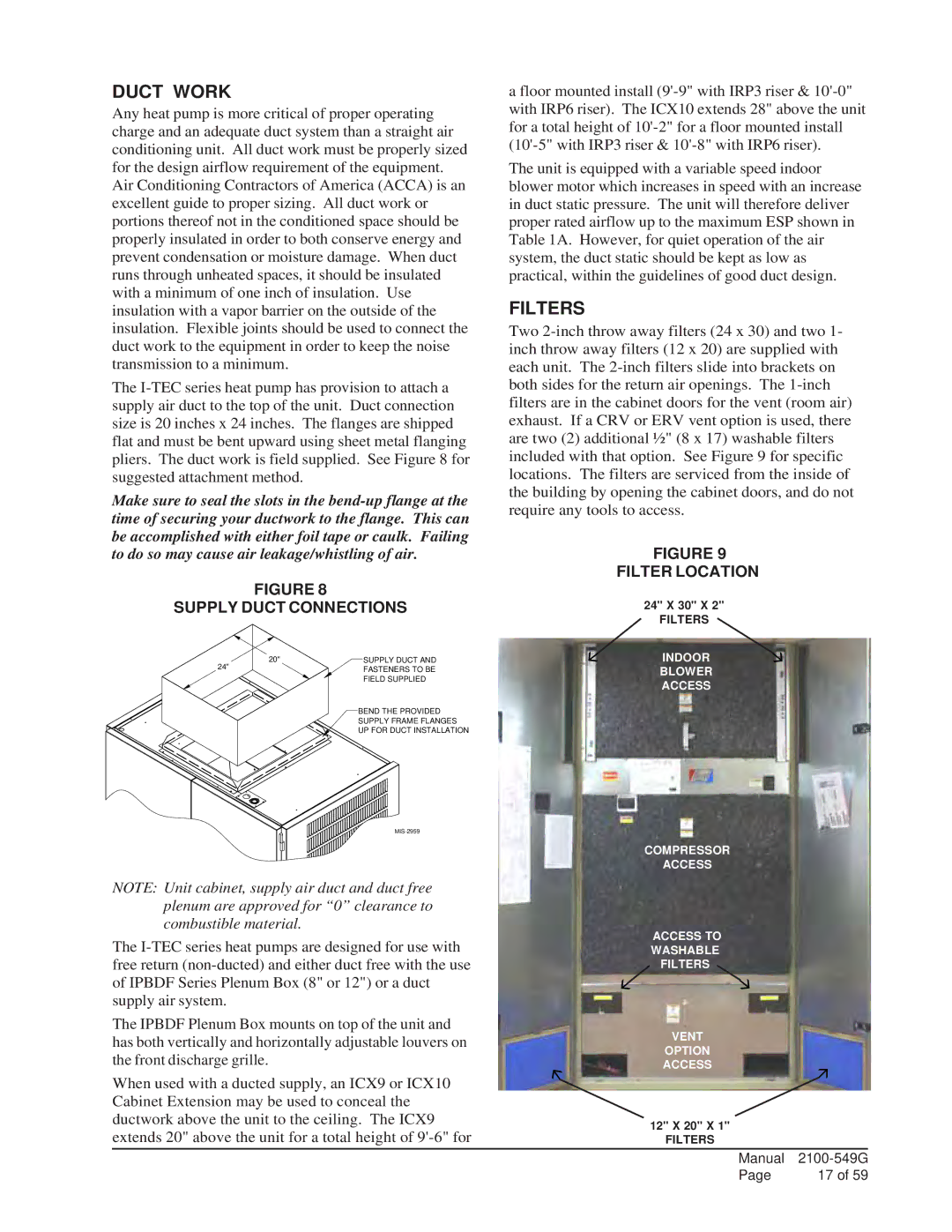 Bard I48H1D, I42H1D, I36H1D, I60H1D, I30H1D Duct Work, Filters, Supply Duct Connections, Filter Location 