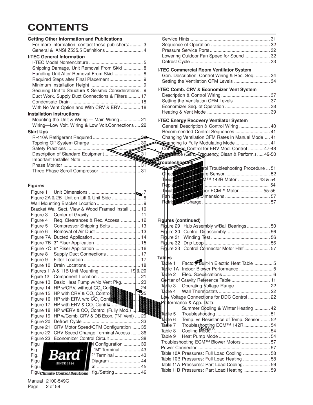 Bard I36H1D, I42H1D, I60H1D, I48H1D, I30H1D installation instructions Contents 