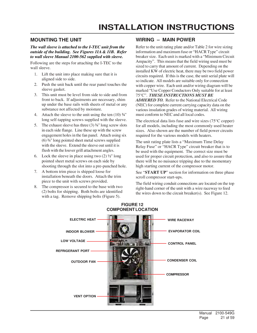 Bard I42H1D, I36H1D, I60H1D, I48H1D, I30H1D Mounting the Unit, Wiring Main Power, Component Location 