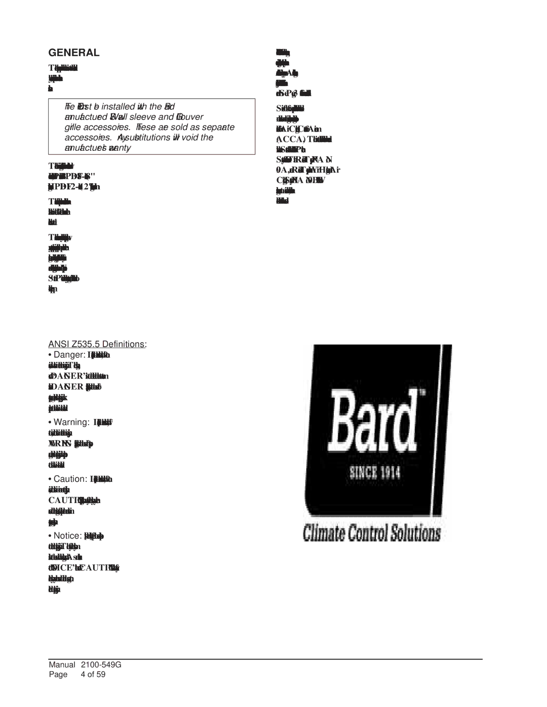 Bard I42H1D, I36H1D, I60H1D, I48H1D, I30H1D installation instructions General, Ansi Z535.5 Definitions 