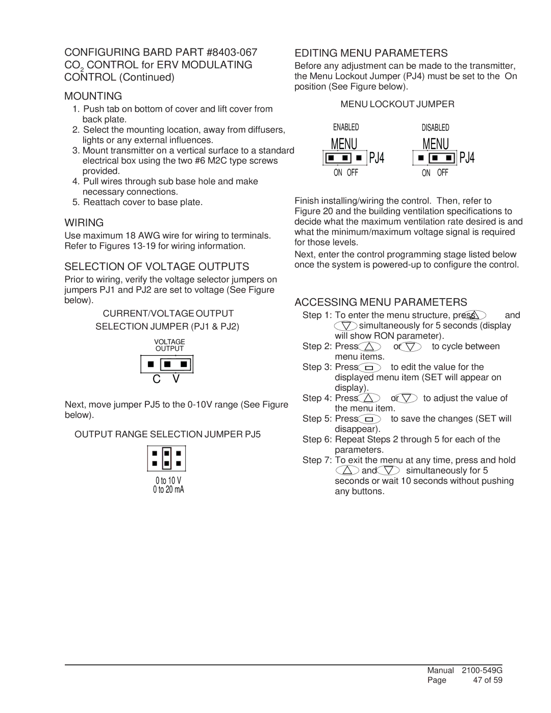 Bard I48H1D, I60H1 Mounting, Wiring, Selection of Voltage Outputs, Editing Menu Parameters, Accessing Menu Parameters 