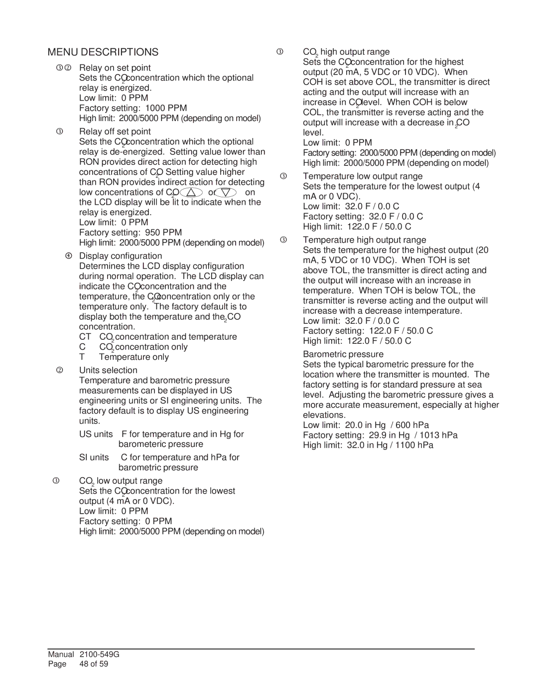 Bard I30H1D, I42H1D, I36H1D, I60H1D, I48H1D installation instructions Menu Descriptions 