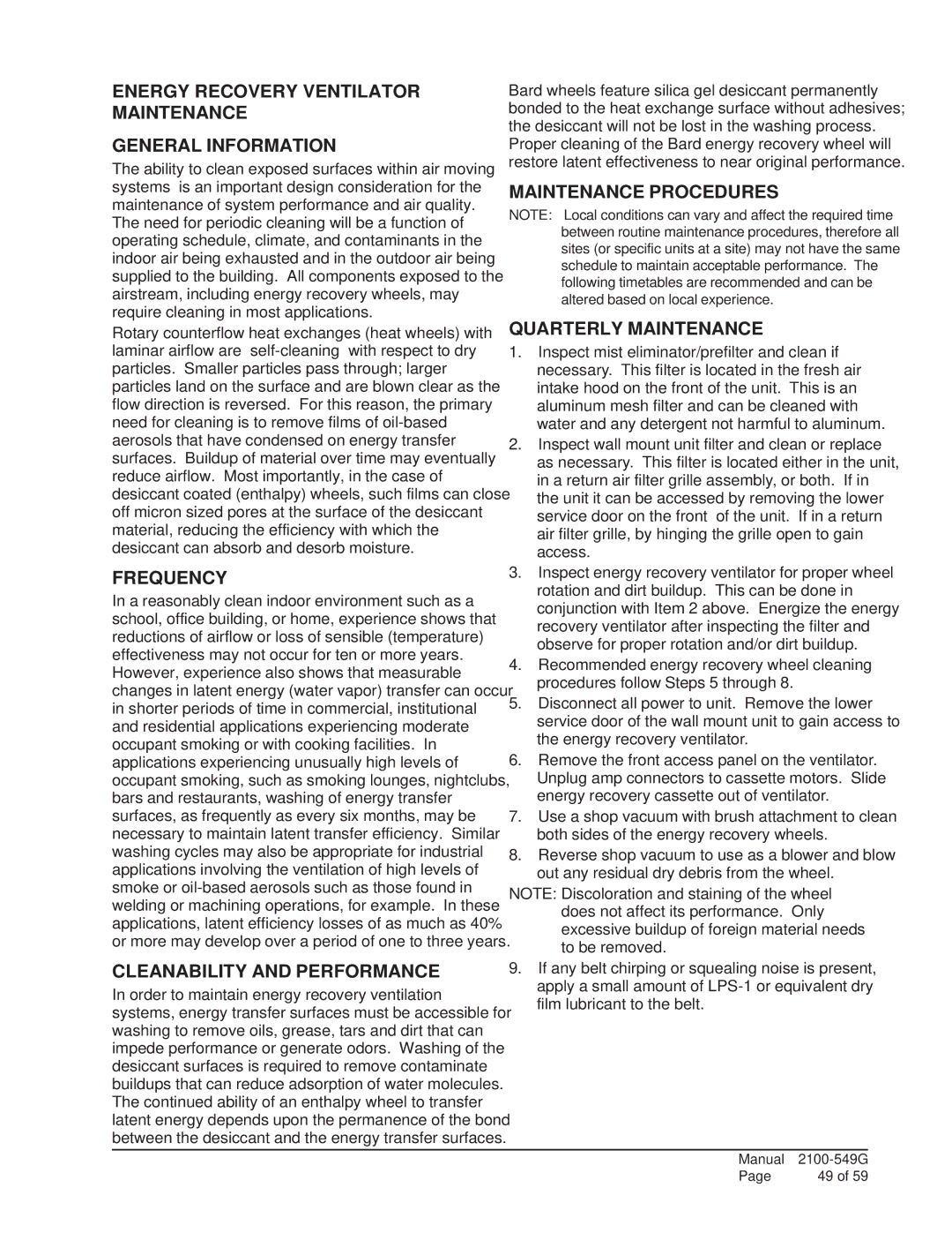 Bard I48H1, I60H1 Energy Recovery Ventilator Maintenance General Information, Frequency, Cleanability and Performance 
