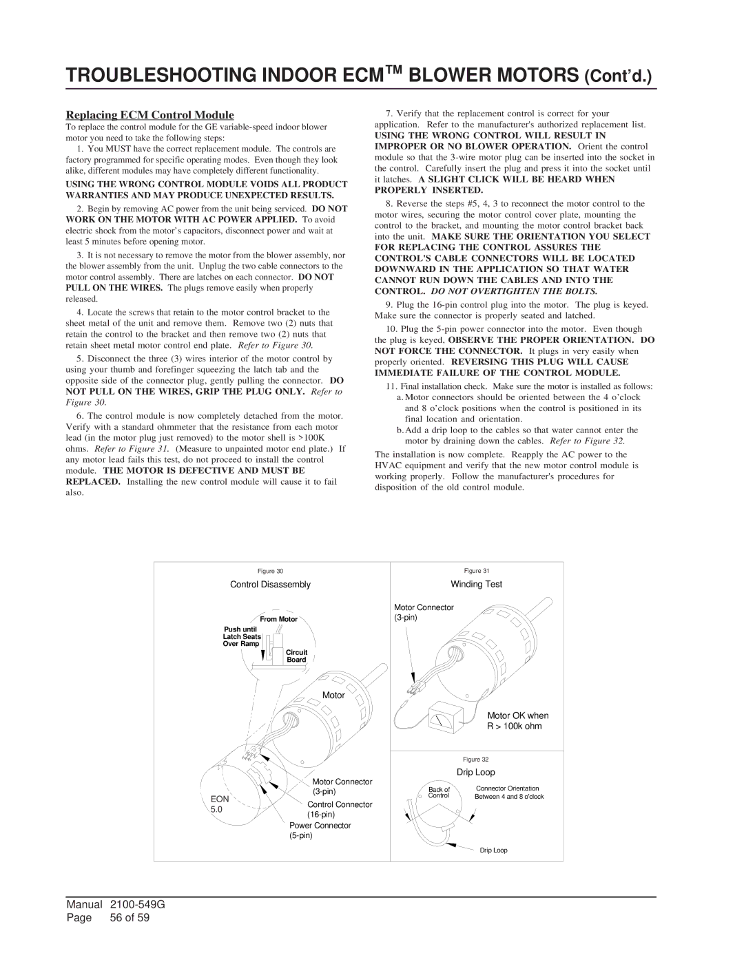 Bard I60H1D, I42H1D, I36H1D, I48H1D, I30H1D installation instructions Troubleshooting Indoor ECM Blower Motors Cont’d 