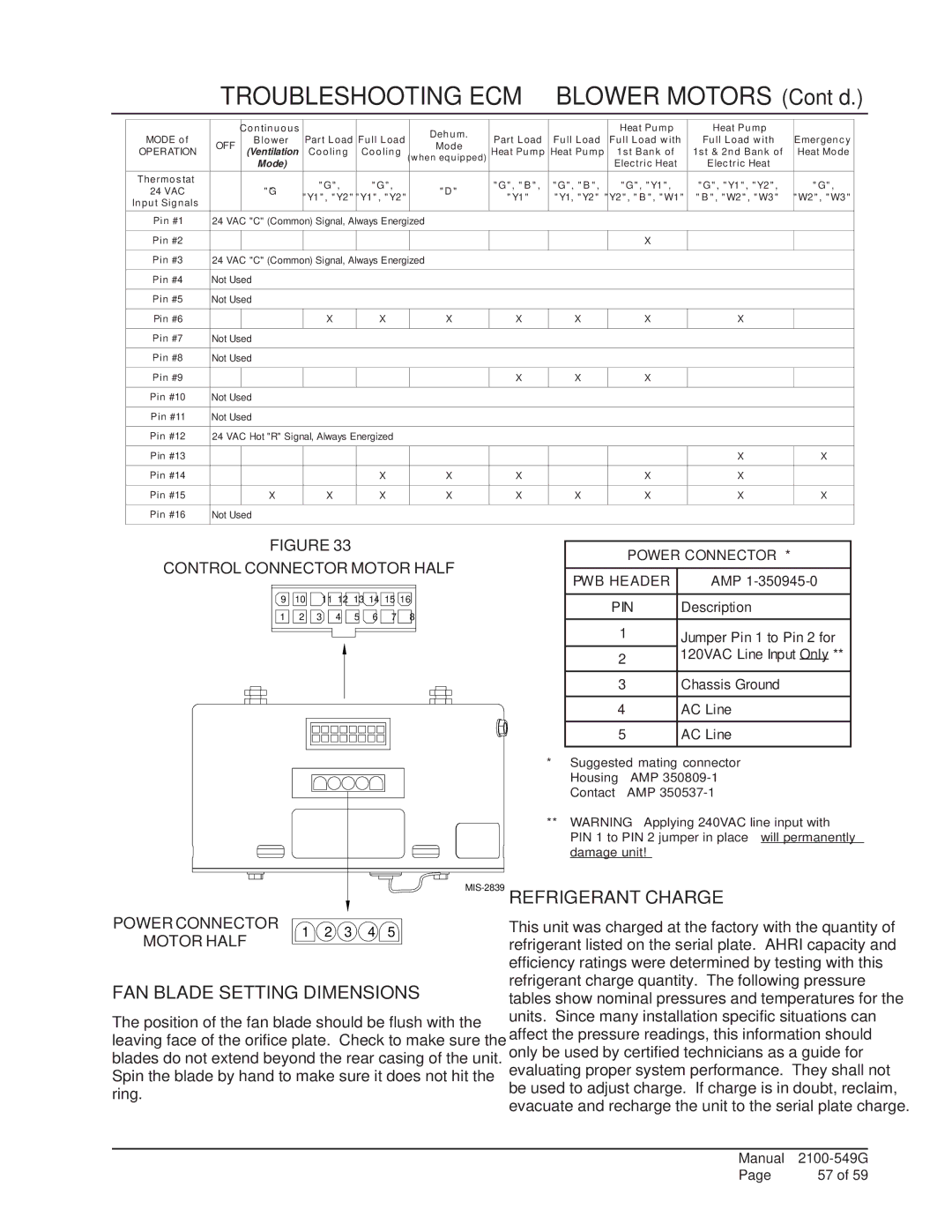 Bard I48H1D FAN Blade Setting Dimensions, Refrigerant Charge, Control Connector Motor Half, Power Connector Motor Half 