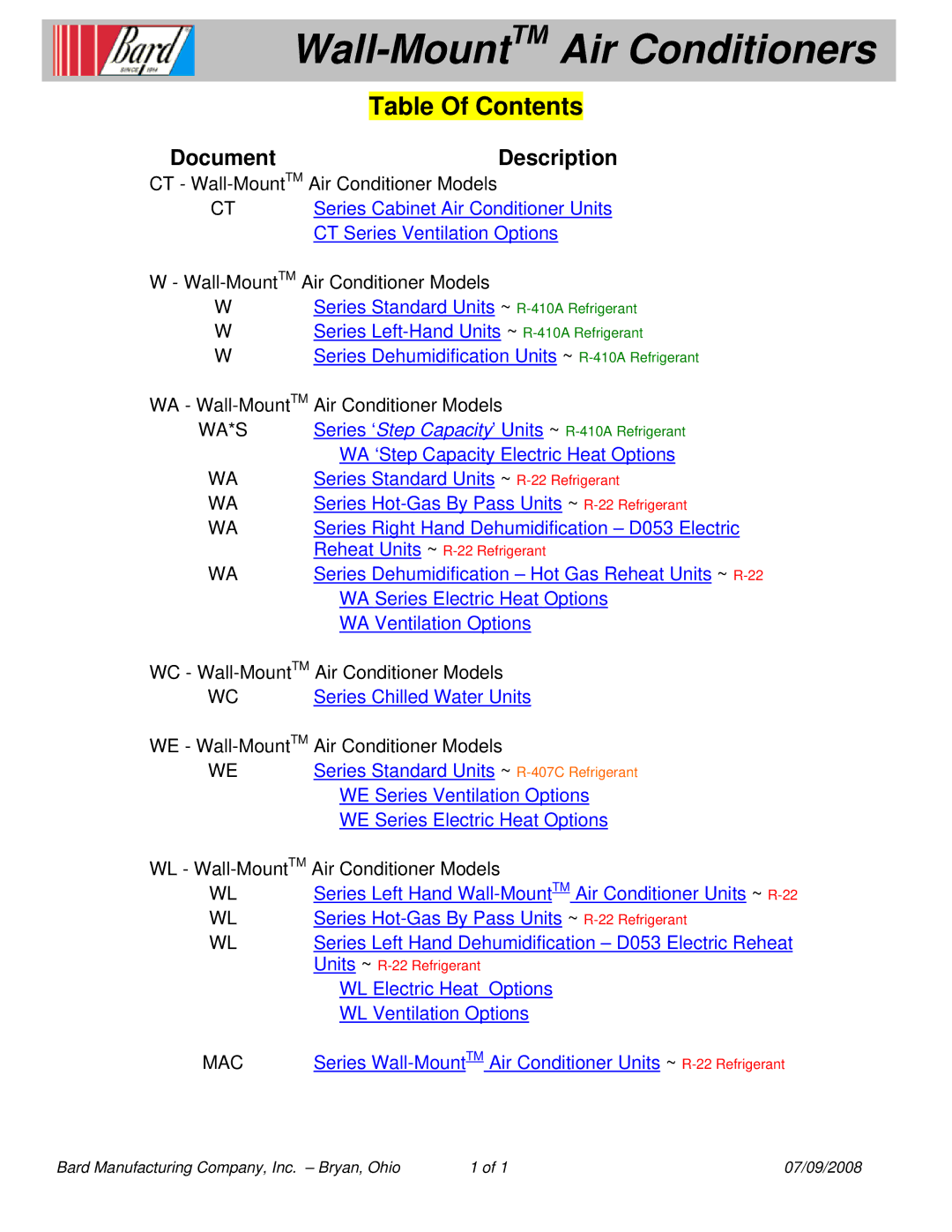 Bard CT Series, MAC Series, WE Series, W Series, WA*S Series, WA Series manual Wall-MountTMAir Conditioners, Table Of Contents 