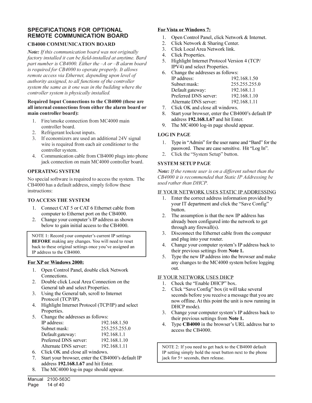 Bard MC4000 installation instructions Specifications for Optional Remote Communication Board, CB4000 Communication Board 