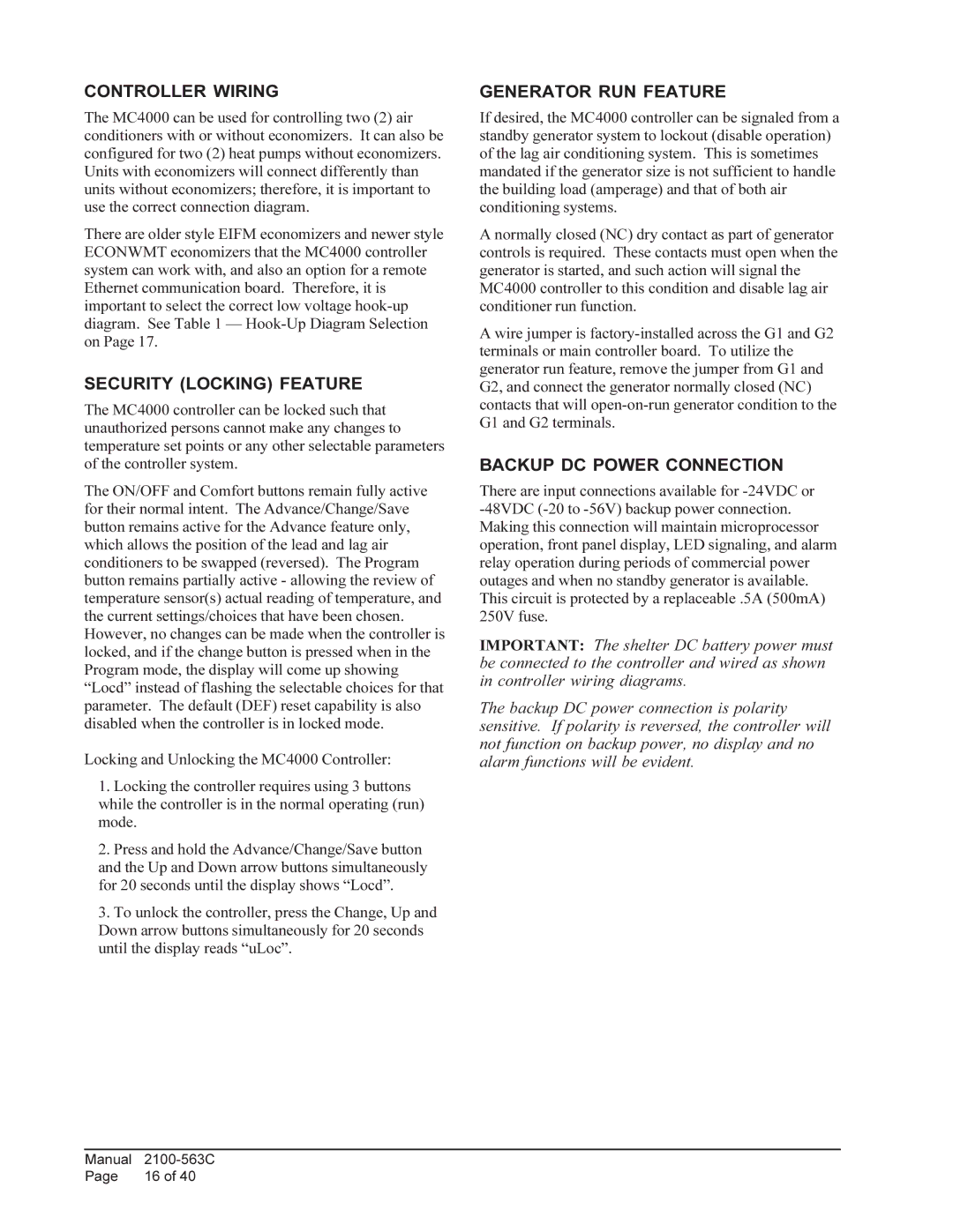 Bard MC4000 Controller Wiring, Security Locking Feature, Generator RUN Feature, Backup DC Power Connection 