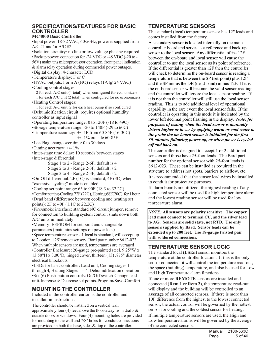 Bard MC4000 SPECIFICATIONS/FEATURES for Basic Controller, Mounting the Controller, Temperature Sensors 