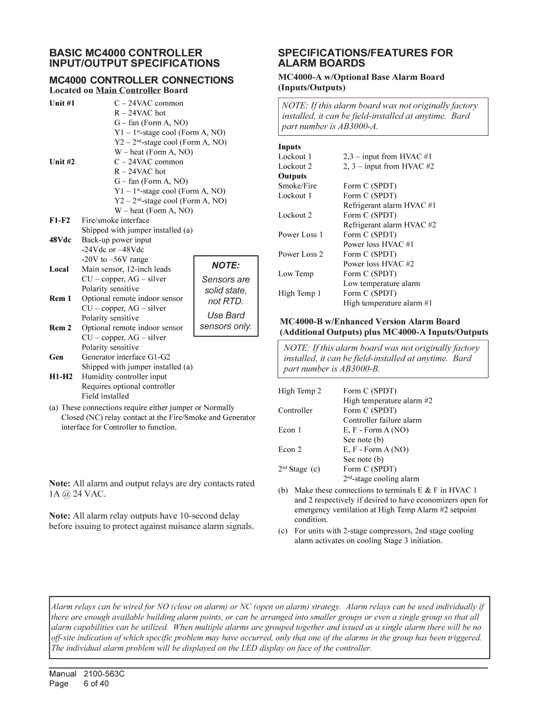 Bard MC4000 installation instructions SPECIFICATIONS/FEATURES for Alarm Boards, Located on Main Controller Board 