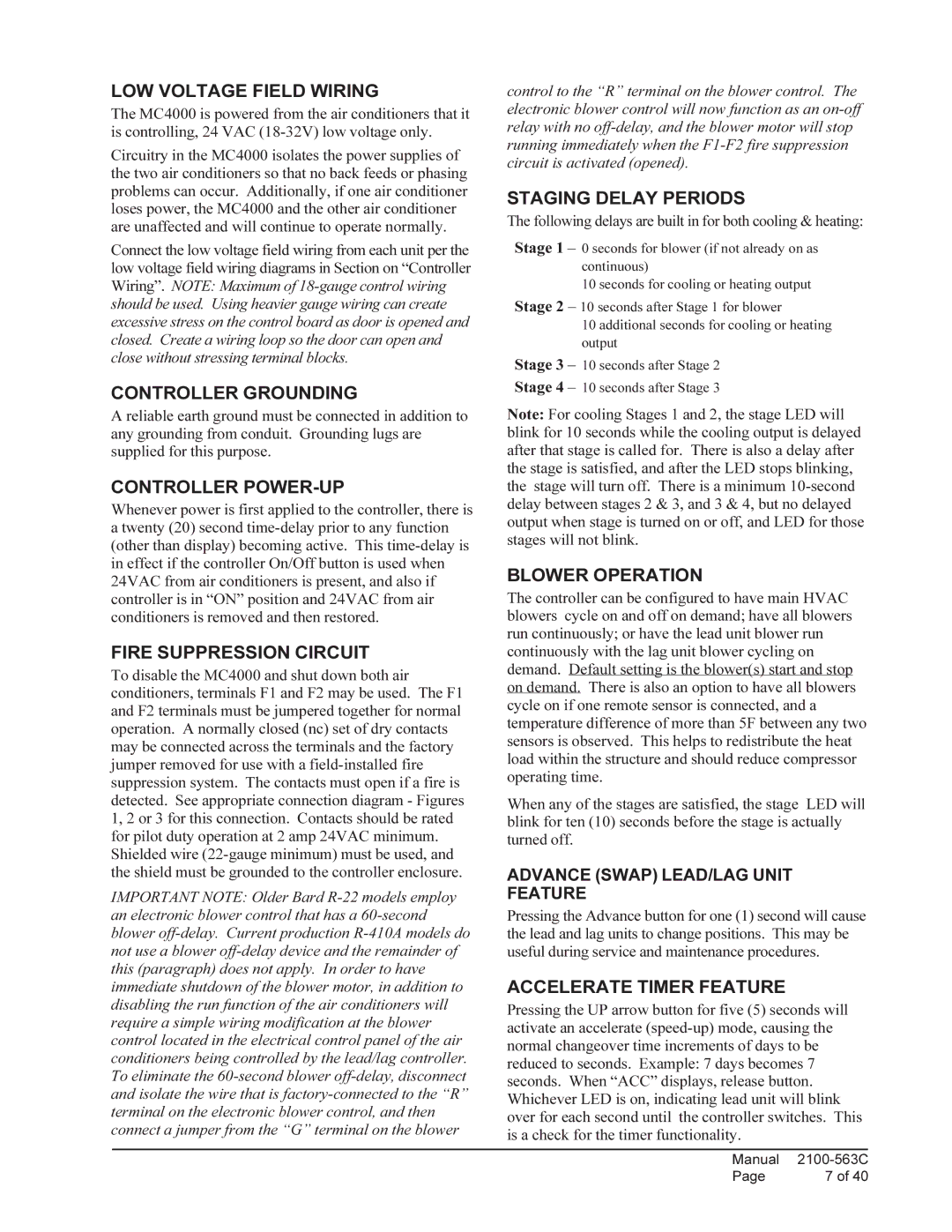 Bard MC4000 LOW Voltage Field Wiring, Controller Grounding, Controller POWER-UP, Fire Suppression Circuit 