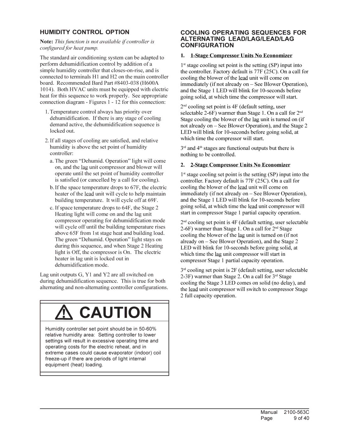 Bard MC4000 installation instructions Humidity Control Option 