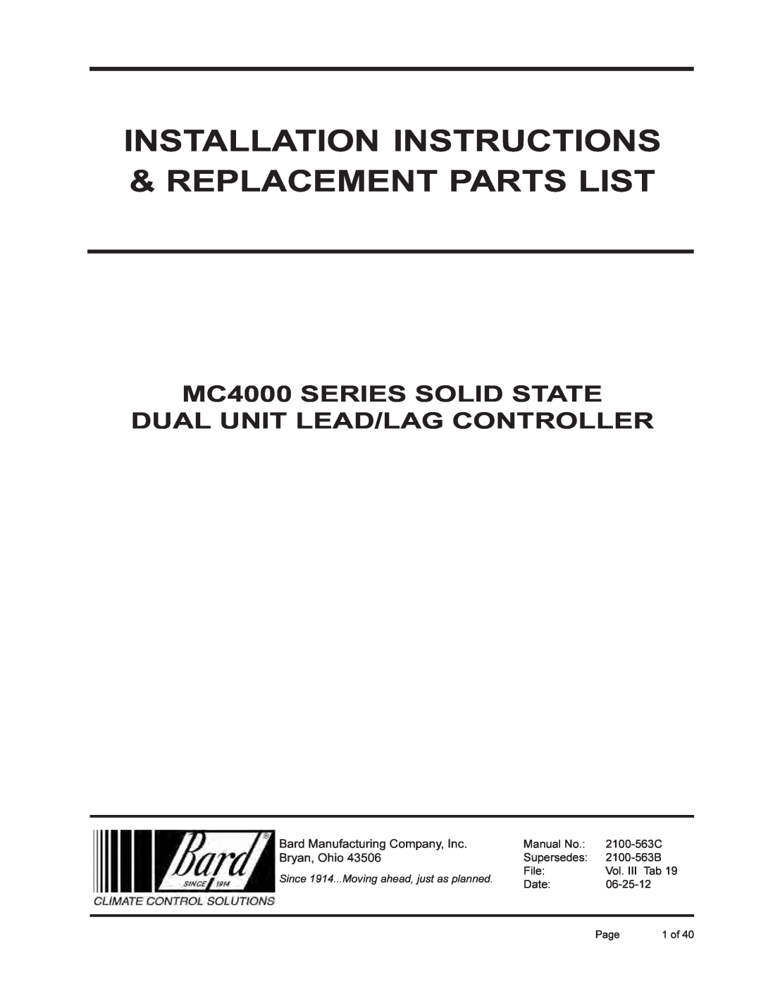 Bard installation instructions MC4000 SERIES SOLID STATE, Dual Unit Lead/Lag Controller, Bryan, Ohio, Page, 1 of 