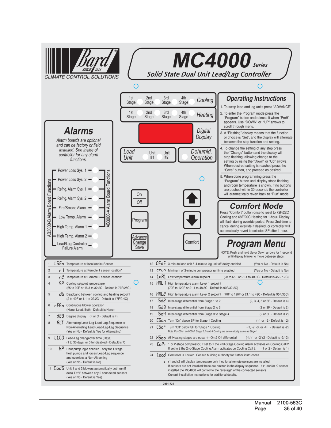 Bard MC4000Series, Alarms, Program Menu, Comfort Mode, Solid State Dual Unit LeadLag Controller, Operating Instructions 